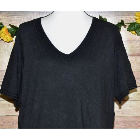 NWT Premise Black V-Neck Ribbed Knit Top Size XL Short Sleeve Stretch Soft Rayon - Picture 2 of 9